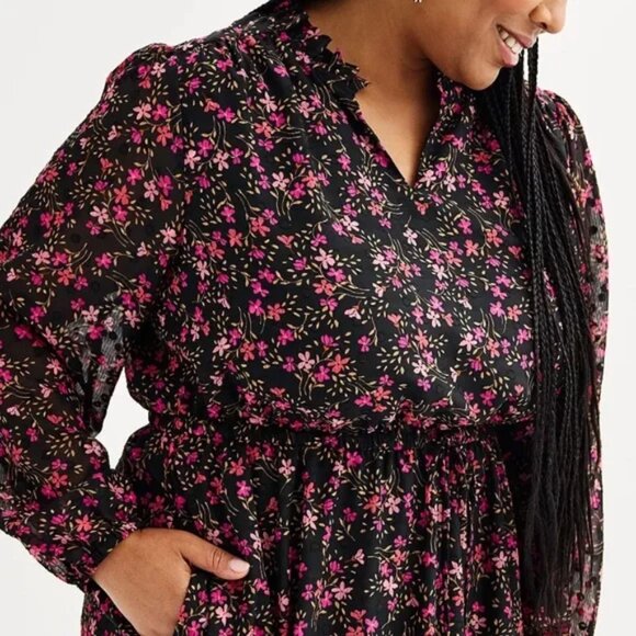 DRAPER JAMES Women's Black Floral Long Sleeve Cinched Waist Midi Dress XL - Picture 3 of 9